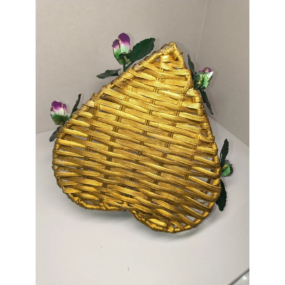 Gold Metal Heart Shaped Basket‎ Purple Roses Wicker Bottom ~Display Storage Gift